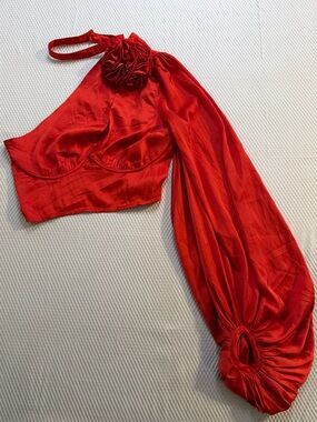 ASOS DESIGN Red Satin One Shoulder Crop Top Size 4 Rosette Sleeve Going Out